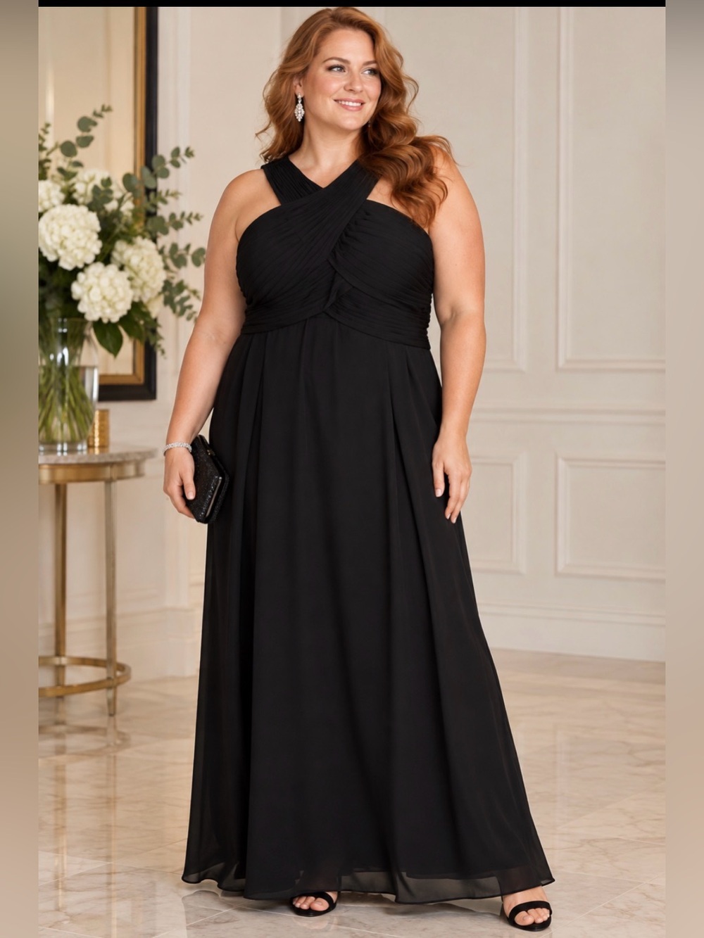 Stacees NWT Black Formal Evening Gown Plus Size 22 Pleated Maxi Wedding Gala